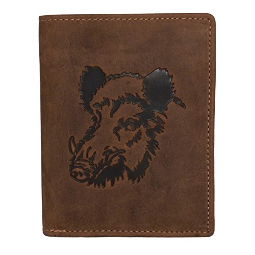 Greenburry/lefox G701 Wildboar - Cartera marrón con jabalí, para amantes de la caza, piel